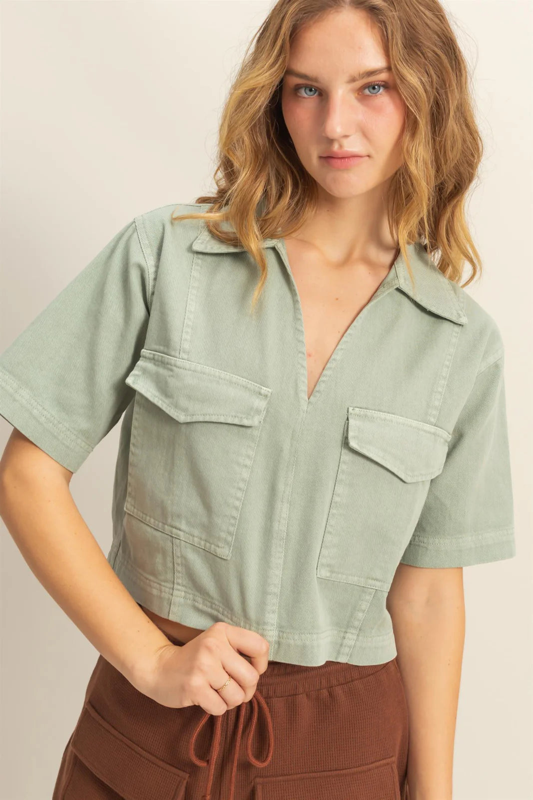 Sage Green Short Sleeve Denim Shirt