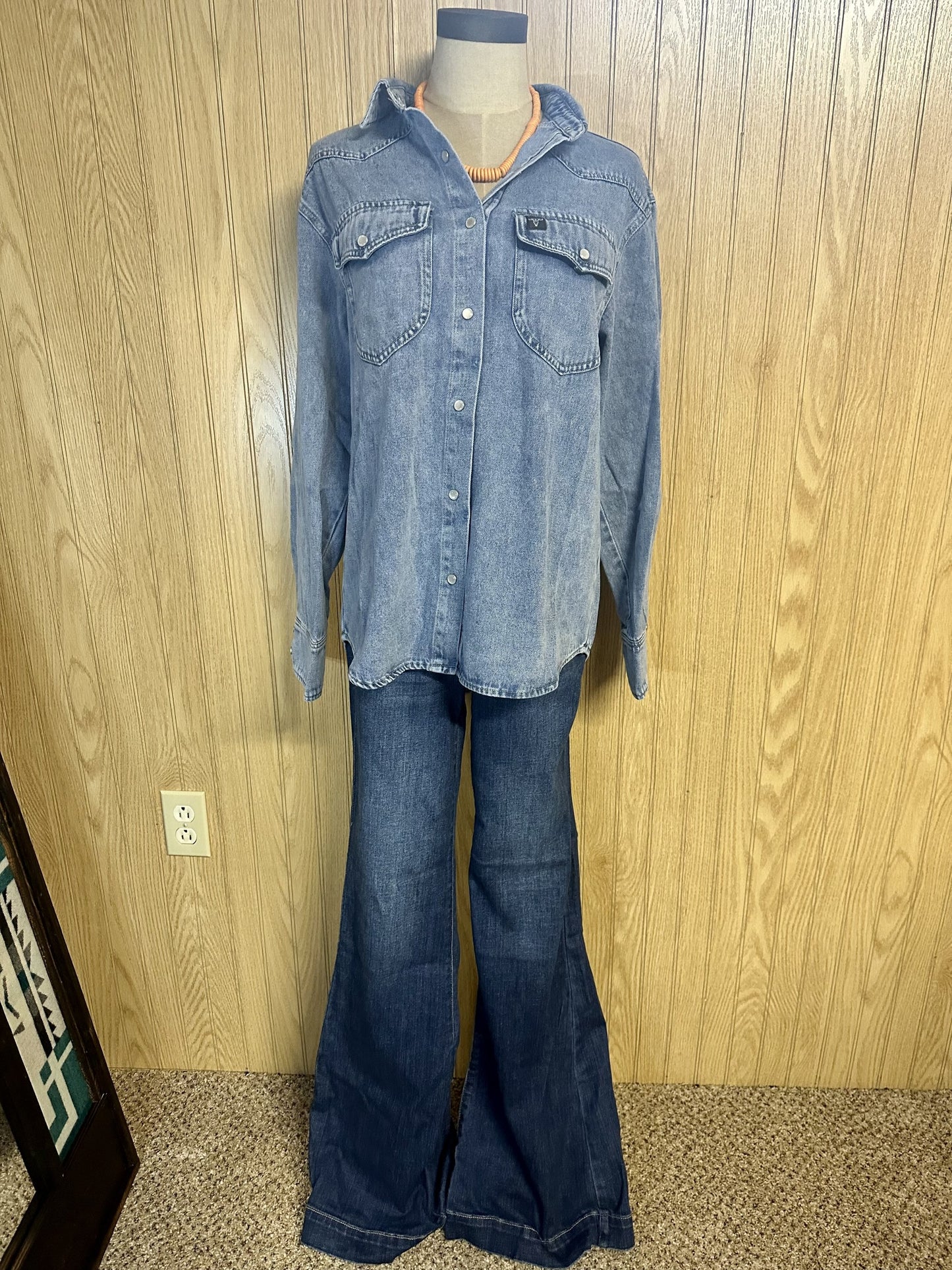 Acid Wash Denim Pearl Snap Long Sleeve Shirt Petite & Plus Size