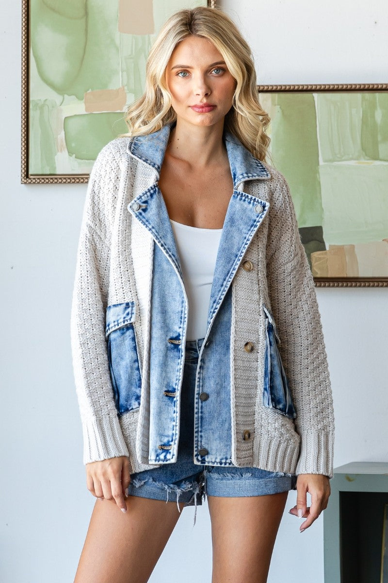 Knit Body Denim Layerd Jacket
