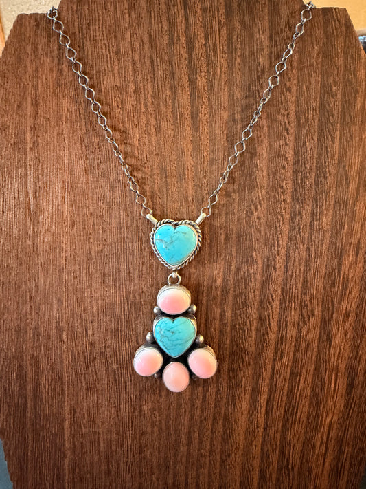 TS Pink Conch/Turq. Heart Dangle Necklace