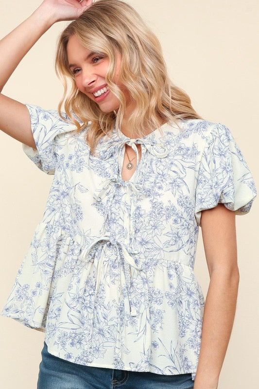 Floral Blouse with Front Ribbon