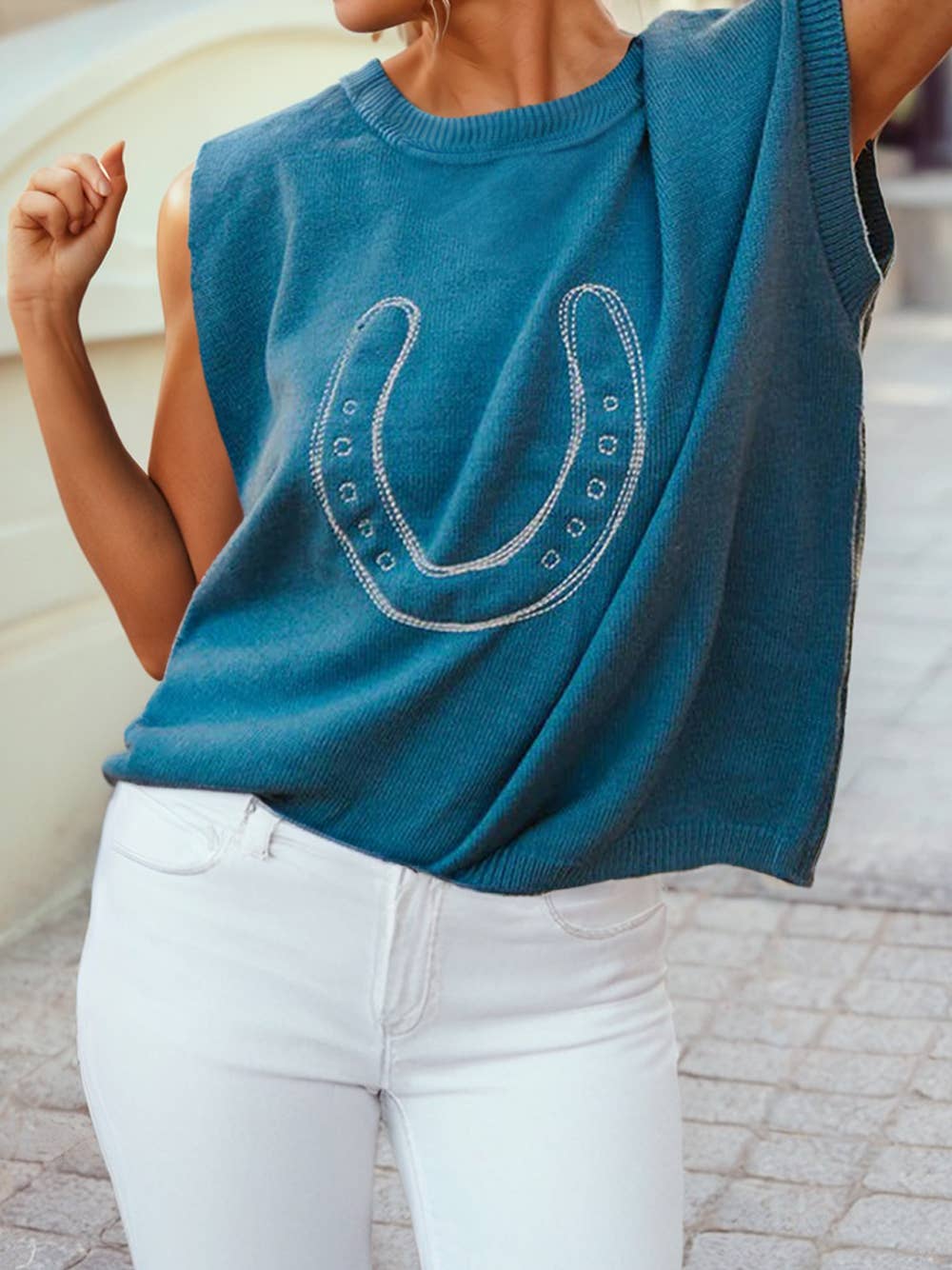 Horse Shoe Embroidered Loose Short Sleeve Sweater
