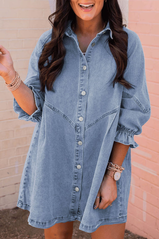 Sky Blue Buttoned Long Sleeve Denim Dress