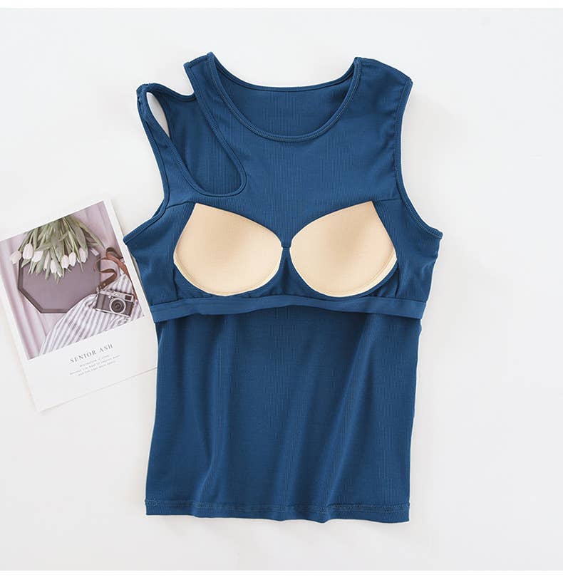 Rib knit built-in bra tank top with shoulder cutout