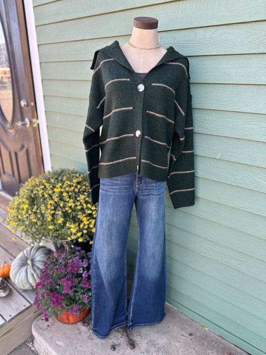 Button-up Striped Collared Long Sleeve Top