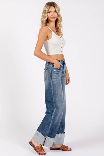 HIGH RISE STRETCH WIDE LEG W/ CUFFED HEM JEANS