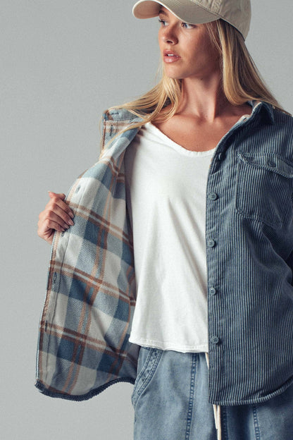 Plaid Lined Corduroy Flannel Shacket (2 Colors)