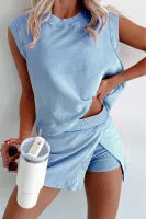 2 Pieces Mineral Wash Split Skirt Set