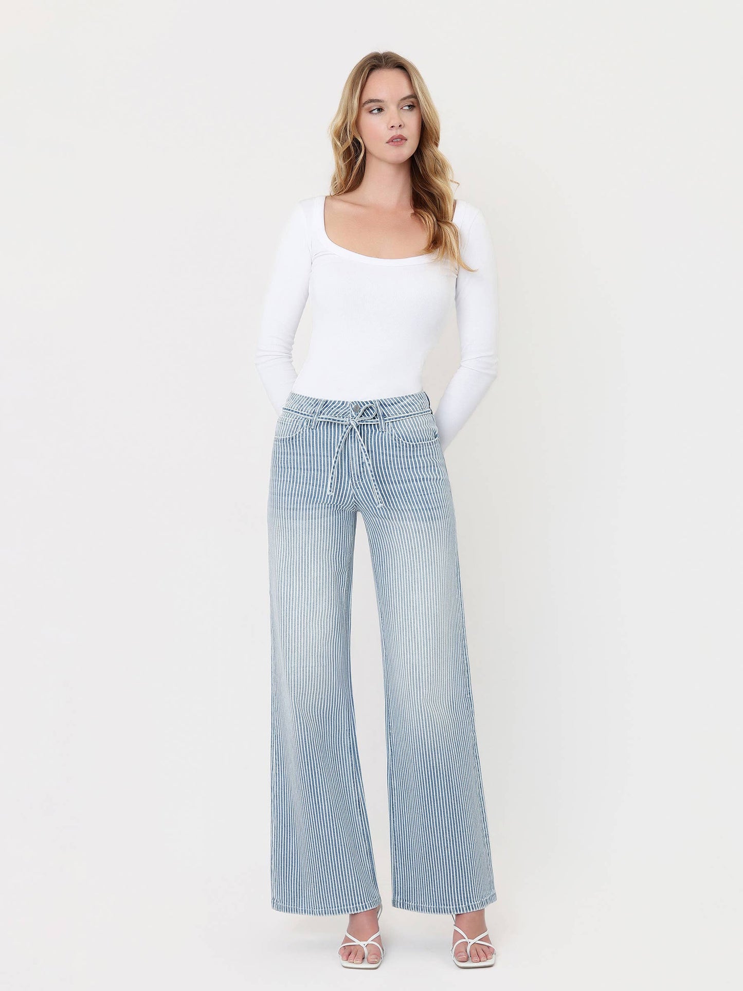 HIGH RISE WAIST TIE STRIPED WIDE LEG JEANS V3838STR