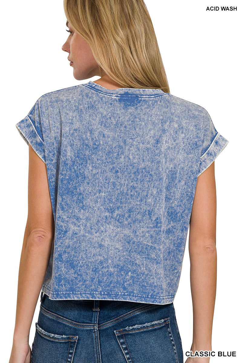 Washed Cotton Cuffed Short Sleeve Top (2 Colors)