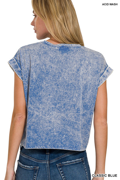 Washed Cotton Cuffed Short Sleeve Top (2 Colors)