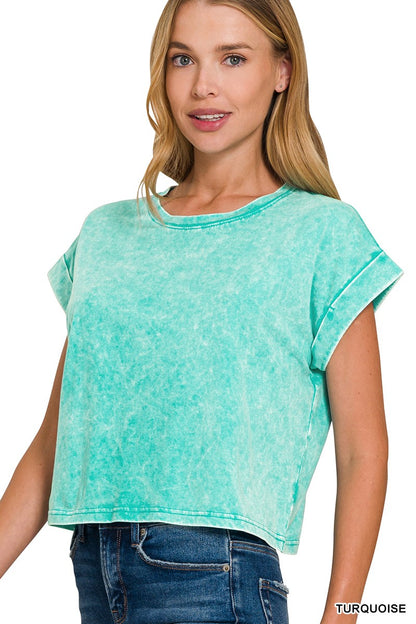 Washed Cotton Cuffed Short Sleeve Top (2 Colors)