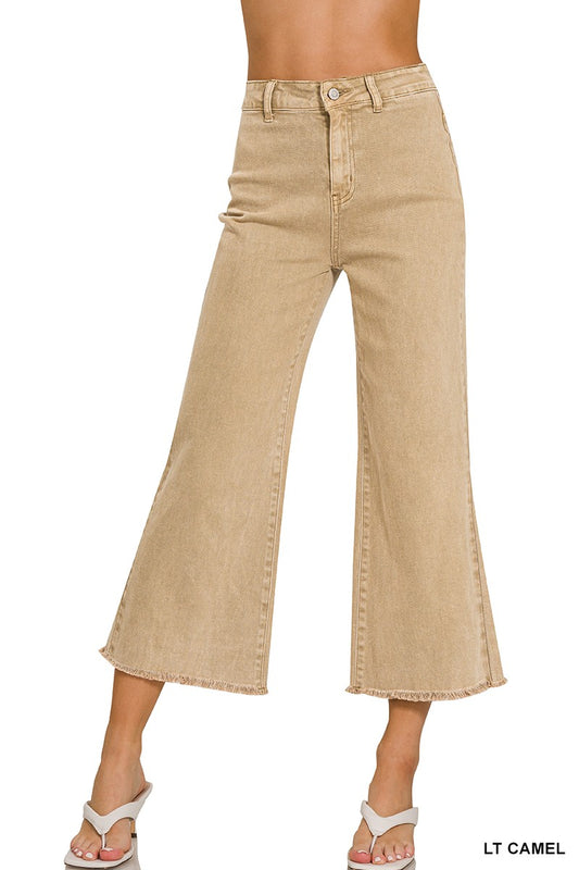 ZENANA ACID WASHED HIGH WAIST FRAYED HEM STRAIGHT PANTS