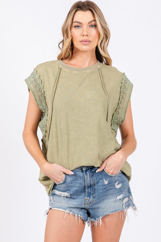 Mineral Washed Lace Sleeve Top