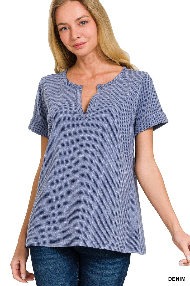 MELAGE BABY WAFFLE HENLEY NECK SHORT SLEEVE TOP ( 4 Colors)