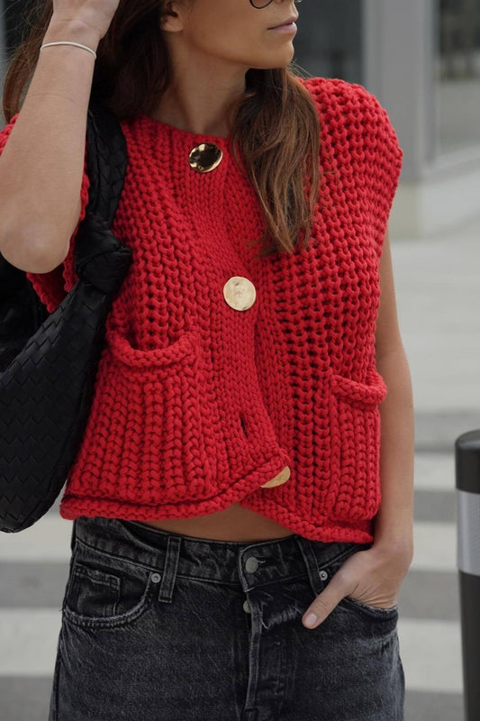 Button Up Knitted Sweater Vest- Red