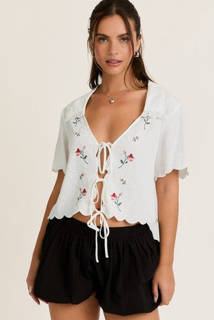 Collared Front Tie with Floral Detail