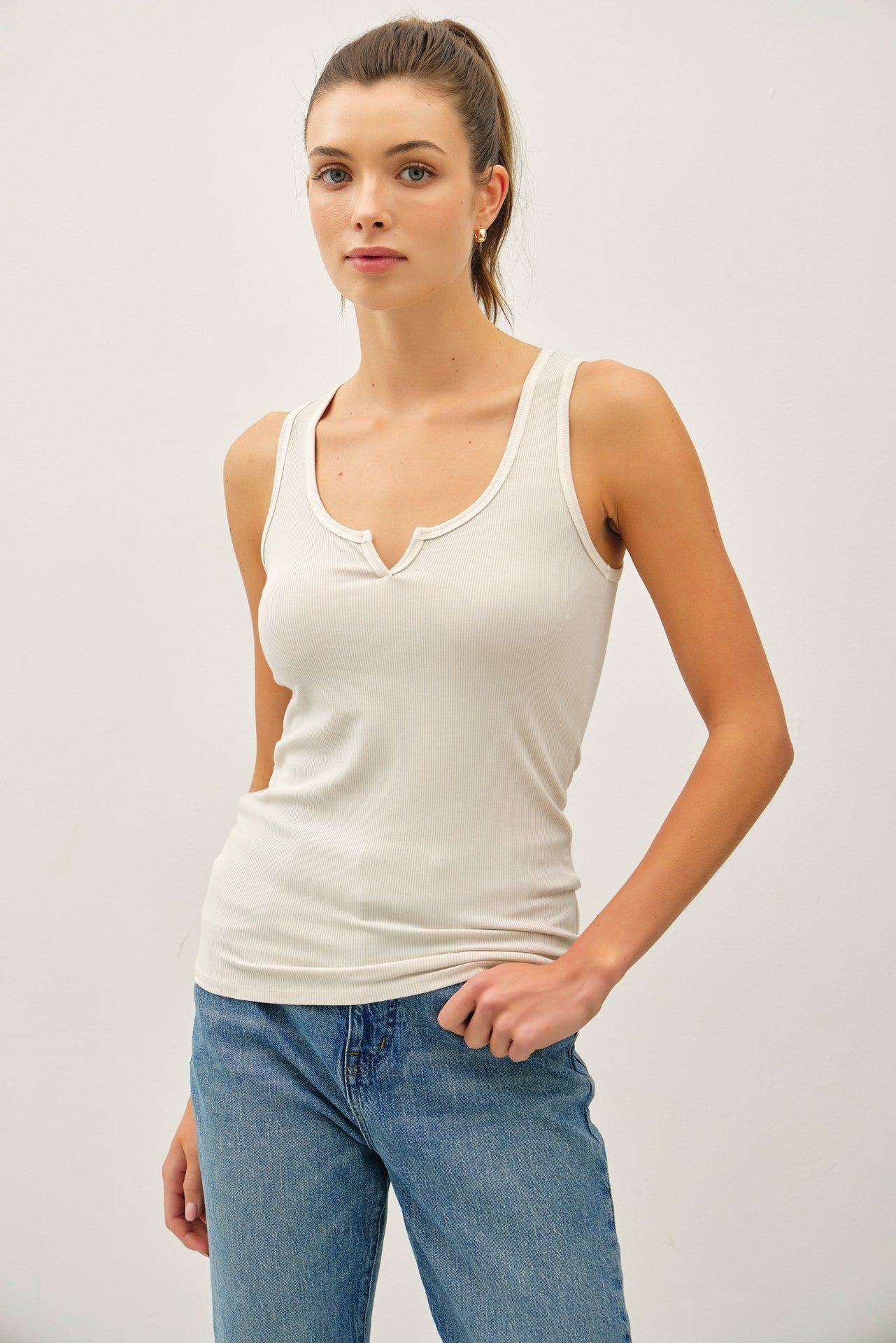 Notched Neck Basic Ribbed Tank Top