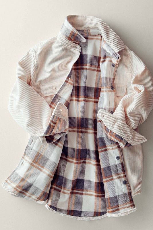 Corduroy And Plaid Flannel Shacket W/chest Pockets