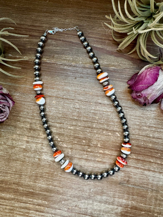 Spiny Oyster &amp; Sterling Silver Pearl Necklace – 8mm – Handmade by The Bijoux FAB – 17.5"