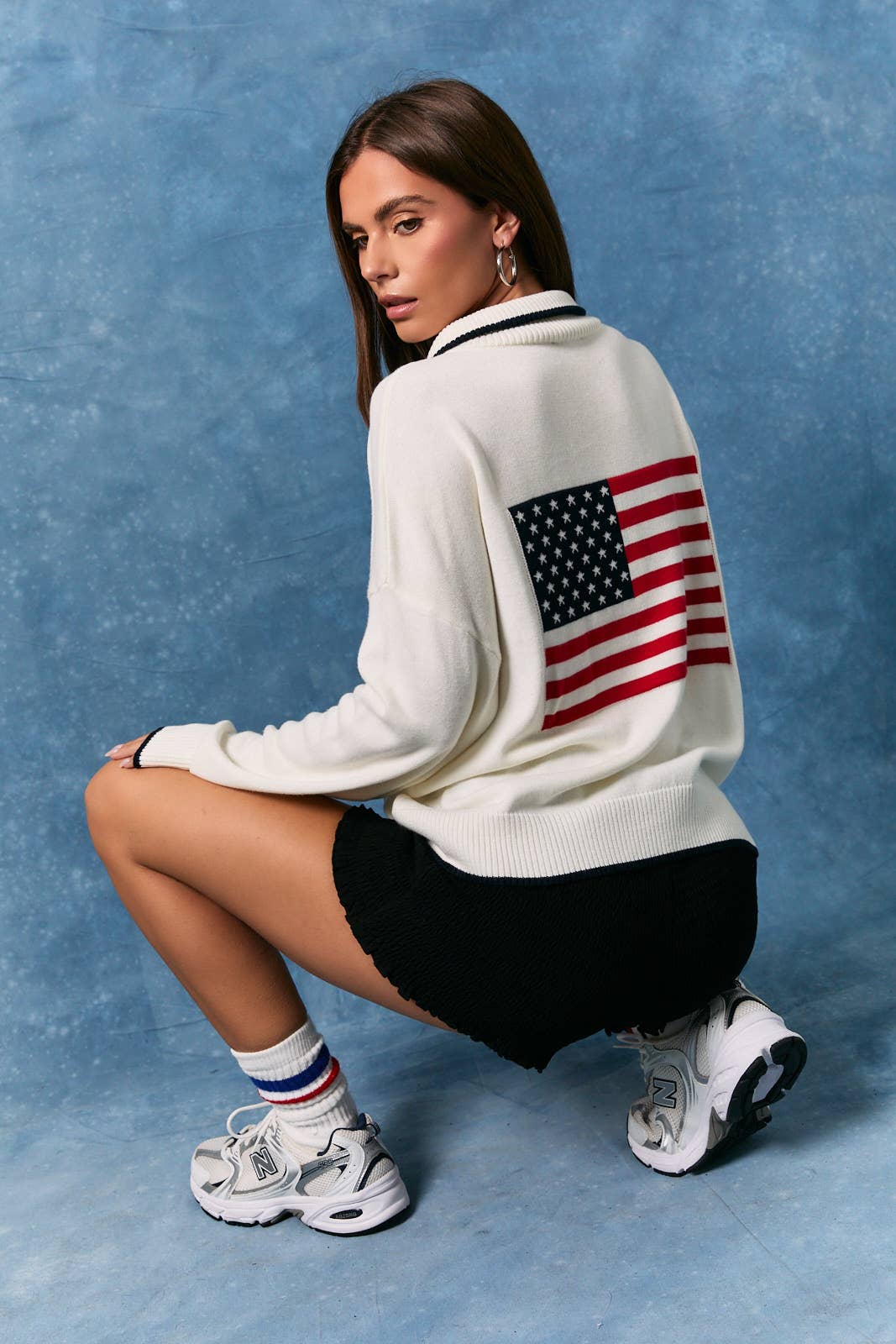 LONG SLEEVE COLLARED "USA" FLAG HALF ZIP SWEATER