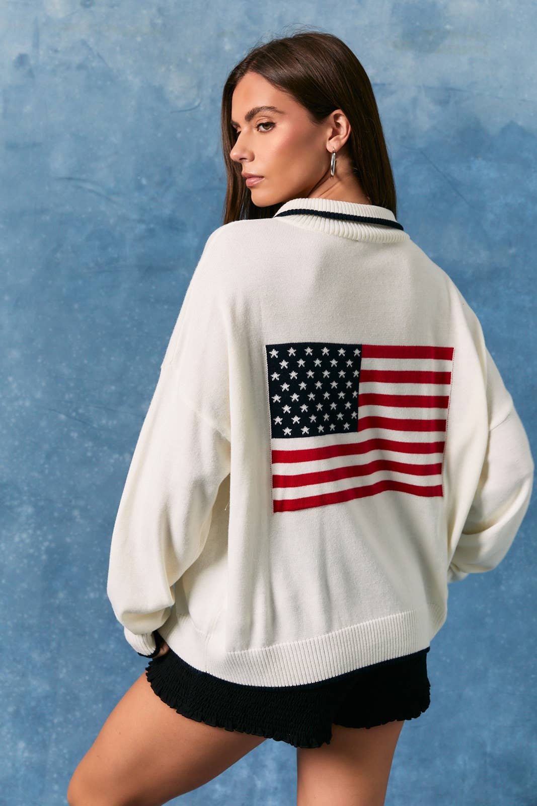 LONG SLEEVE COLLARED "USA" FLAG HALF ZIP SWEATER