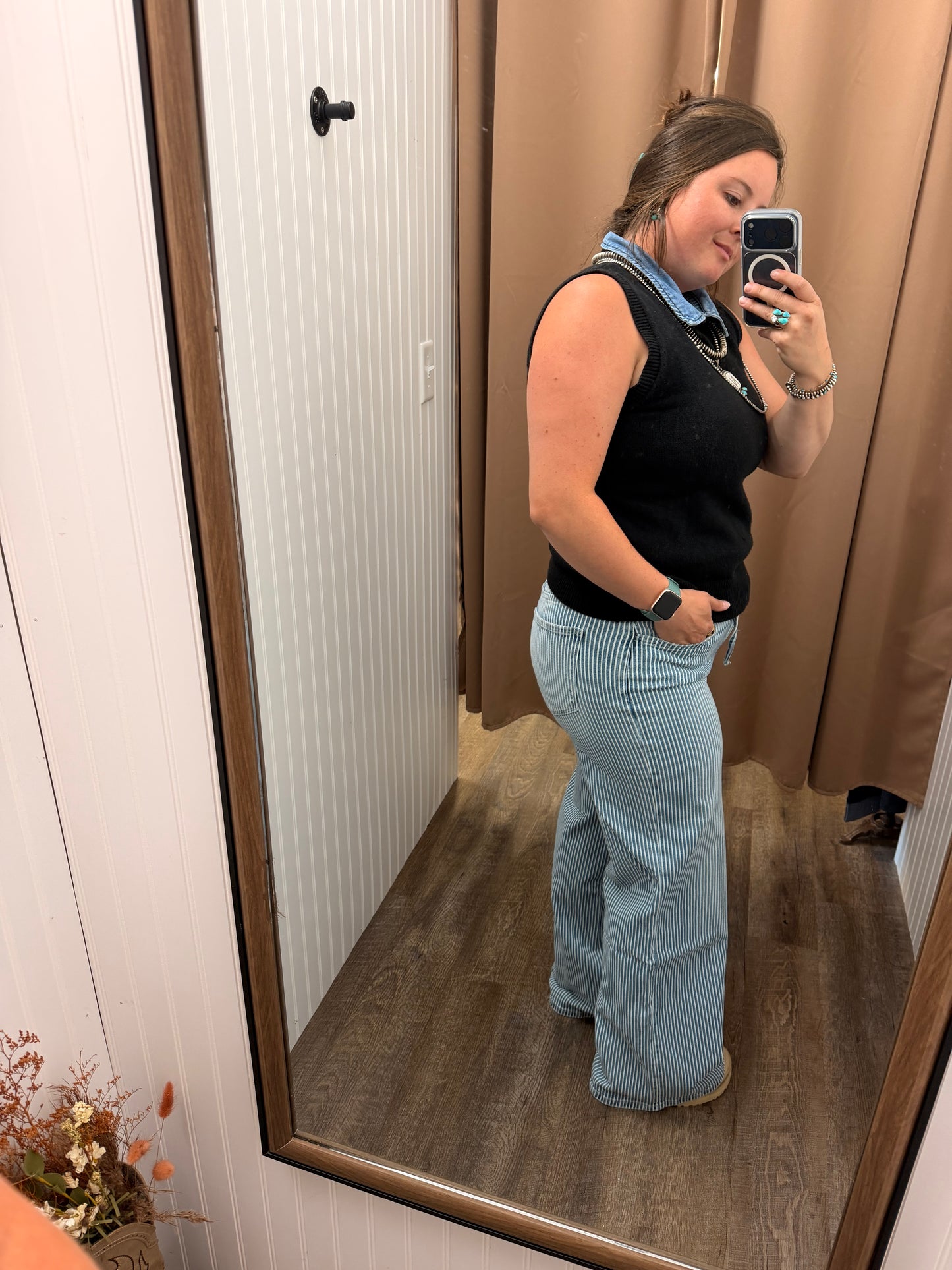 HIGH RISE WAIST TIE STRIPED WIDE LEG JEANS V3838STR