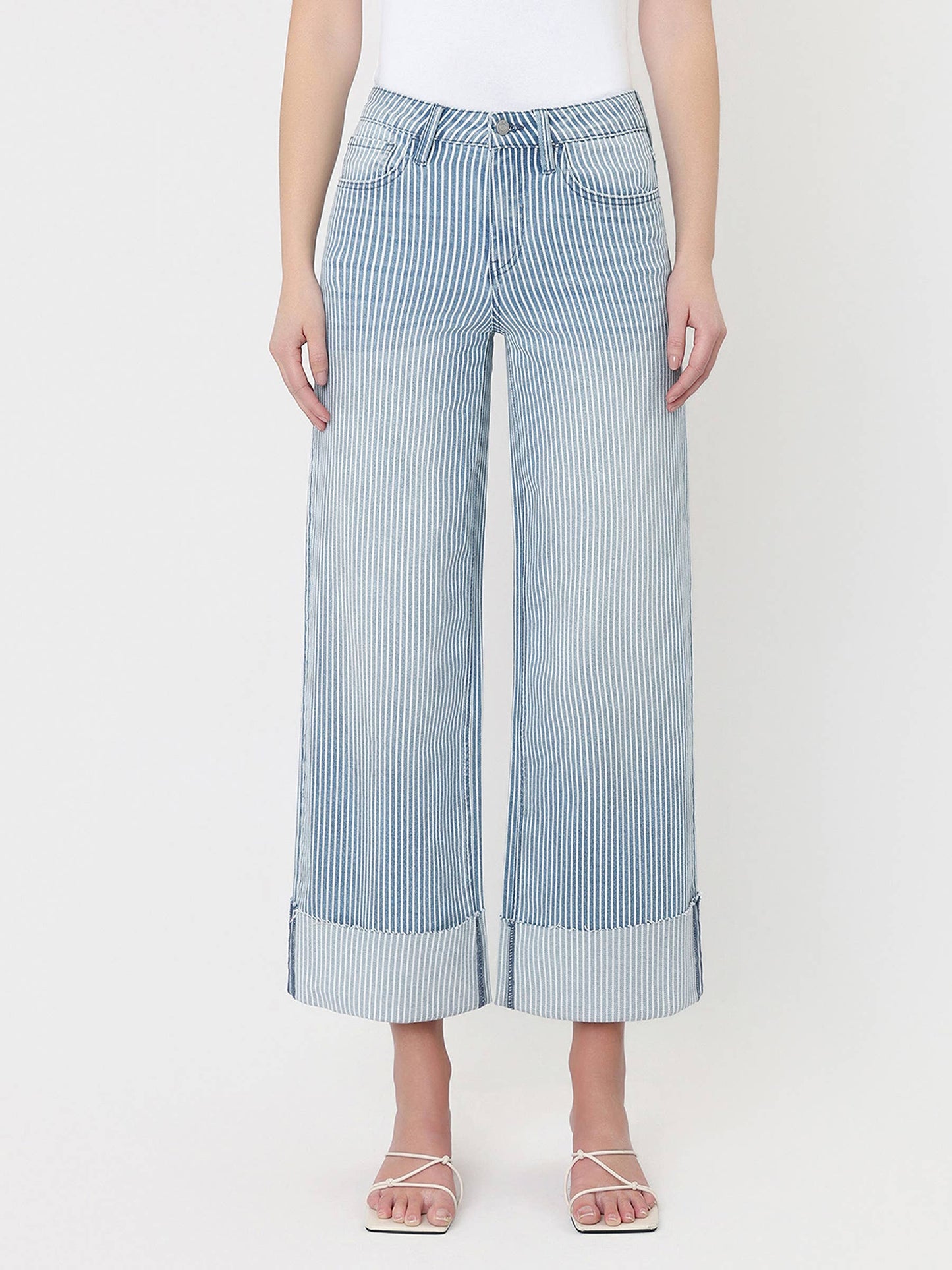 VERVET HIGH RISE CUFFED STRIPED CROP WIDE JEANS