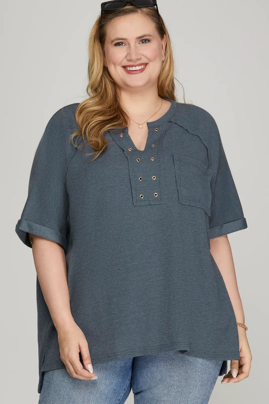 PLUS - SHORT SLEEVE WASHED WAFFLE KNIT V NECK TOP WITH POCKET AND STUD DETAIL