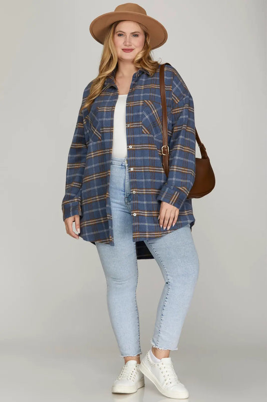 PLUS - LONG SLEEVE PLAID SHACKET WITH FRONT POCKETS AND SIDE POCKETS