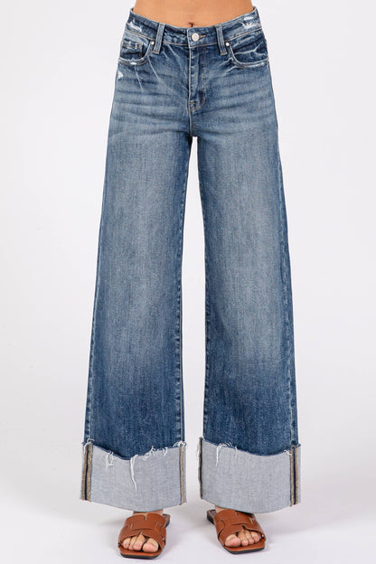 HIGH RISE STRETCH WIDE LEG W/ CUFFED HEM JEANS