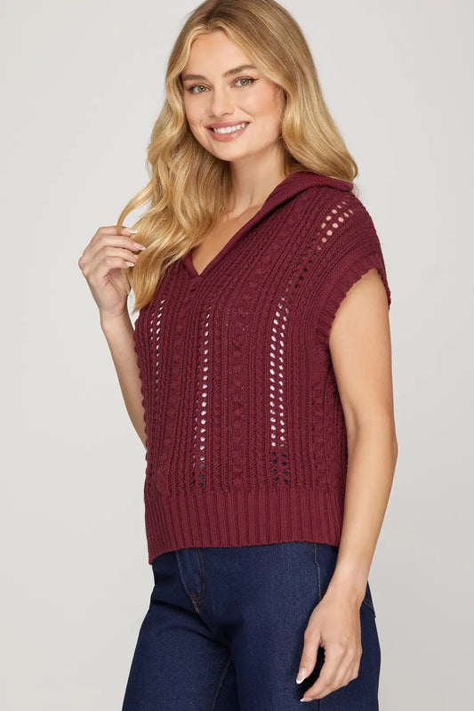 CAP SLEEVE V NECK COLLARED POINTELLE SWEATER TOP