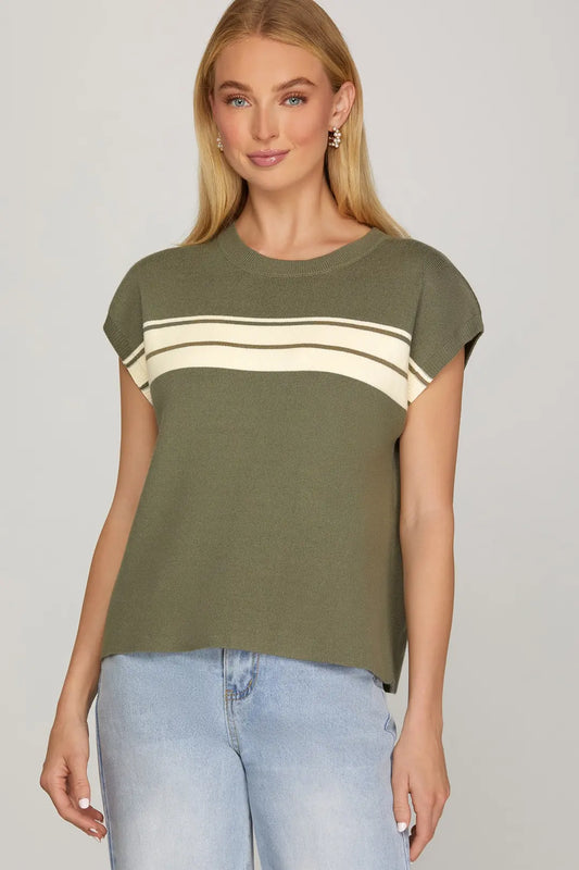 SLEEVELESS ROUND NECK STRIPED SWEATER TOP
