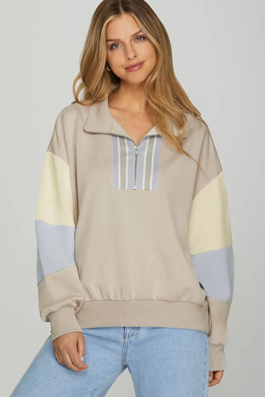 LONG SLEEVE HALF ZIP COLOR BLOCK SWEATSHIRT