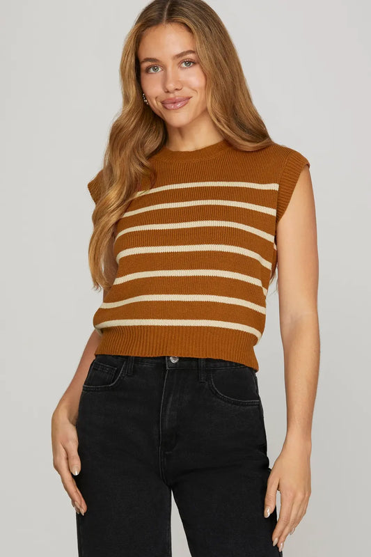 SLEEVELESS ROUND NECK STRIPED SWEATER TOP