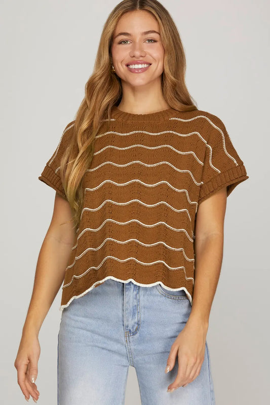 DROP SHORT SLEEVE SCALLOP STRIPED PATTERN KNIT SWEATER TOP