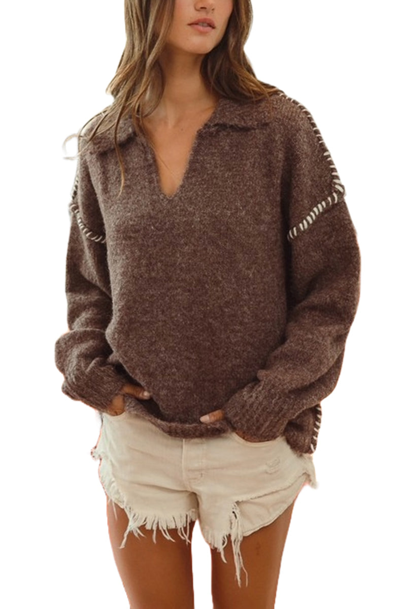 Mocha Contrast Stitching Collared Sweater