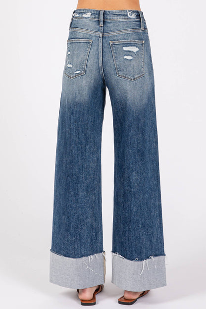 HIGH RISE STRETCH WIDE LEG W/ CUFFED HEM JEANS