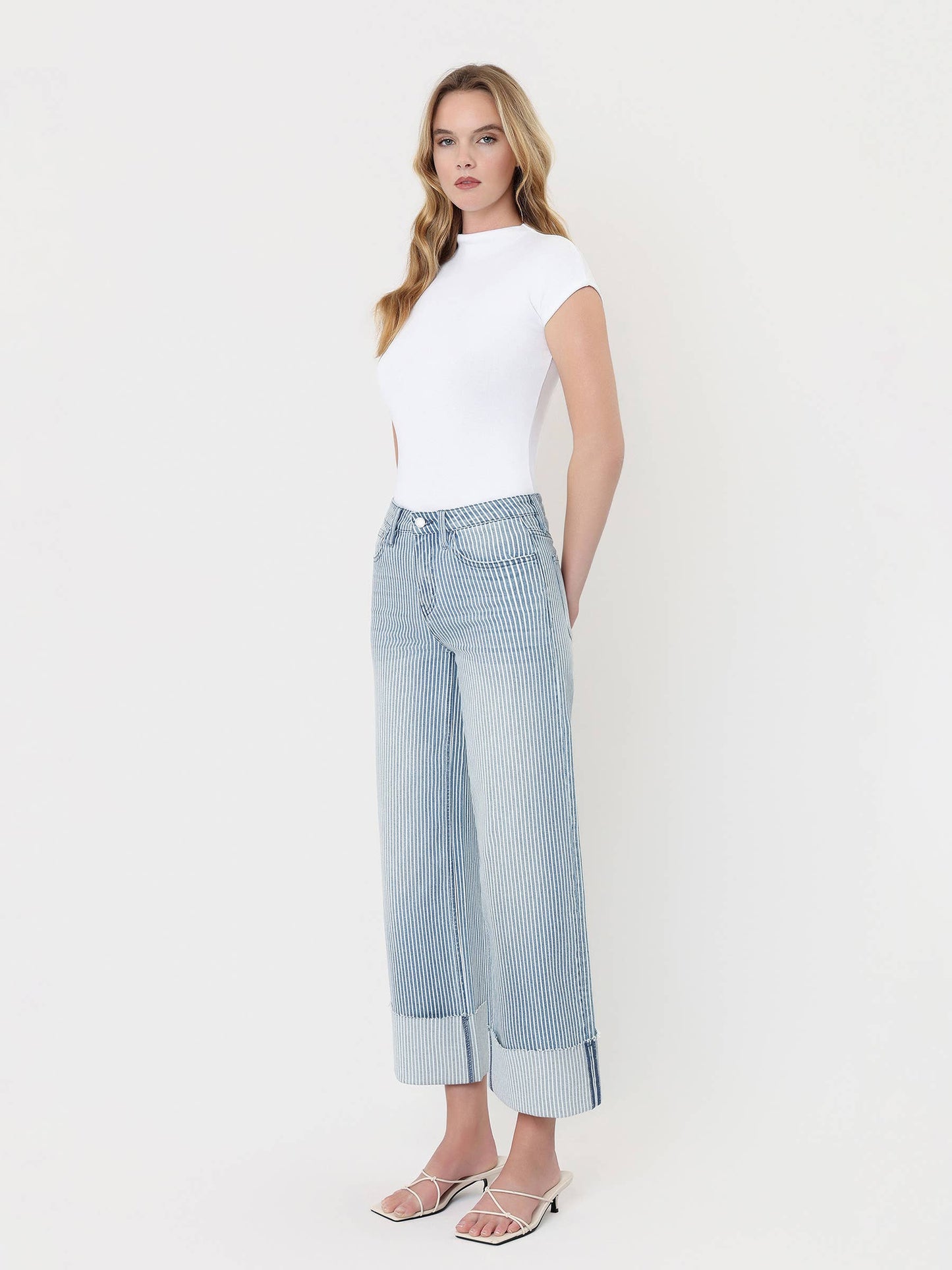 VERVET HIGH RISE CUFFED STRIPED CROP WIDE JEANS