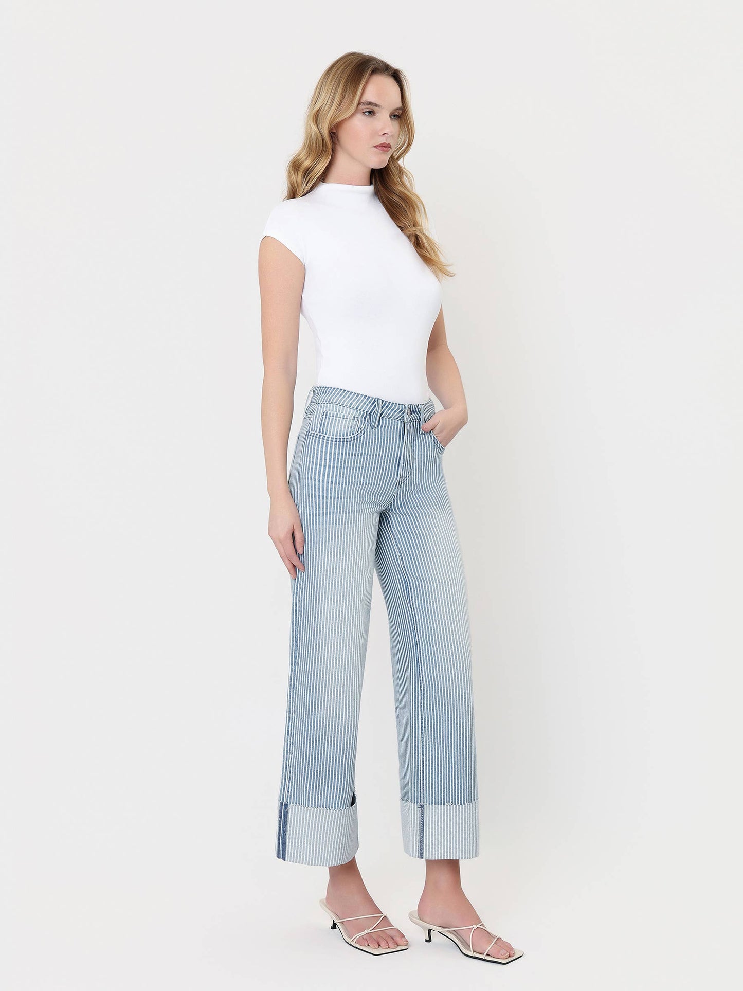 VERVET HIGH RISE CUFFED STRIPED CROP WIDE JEANS