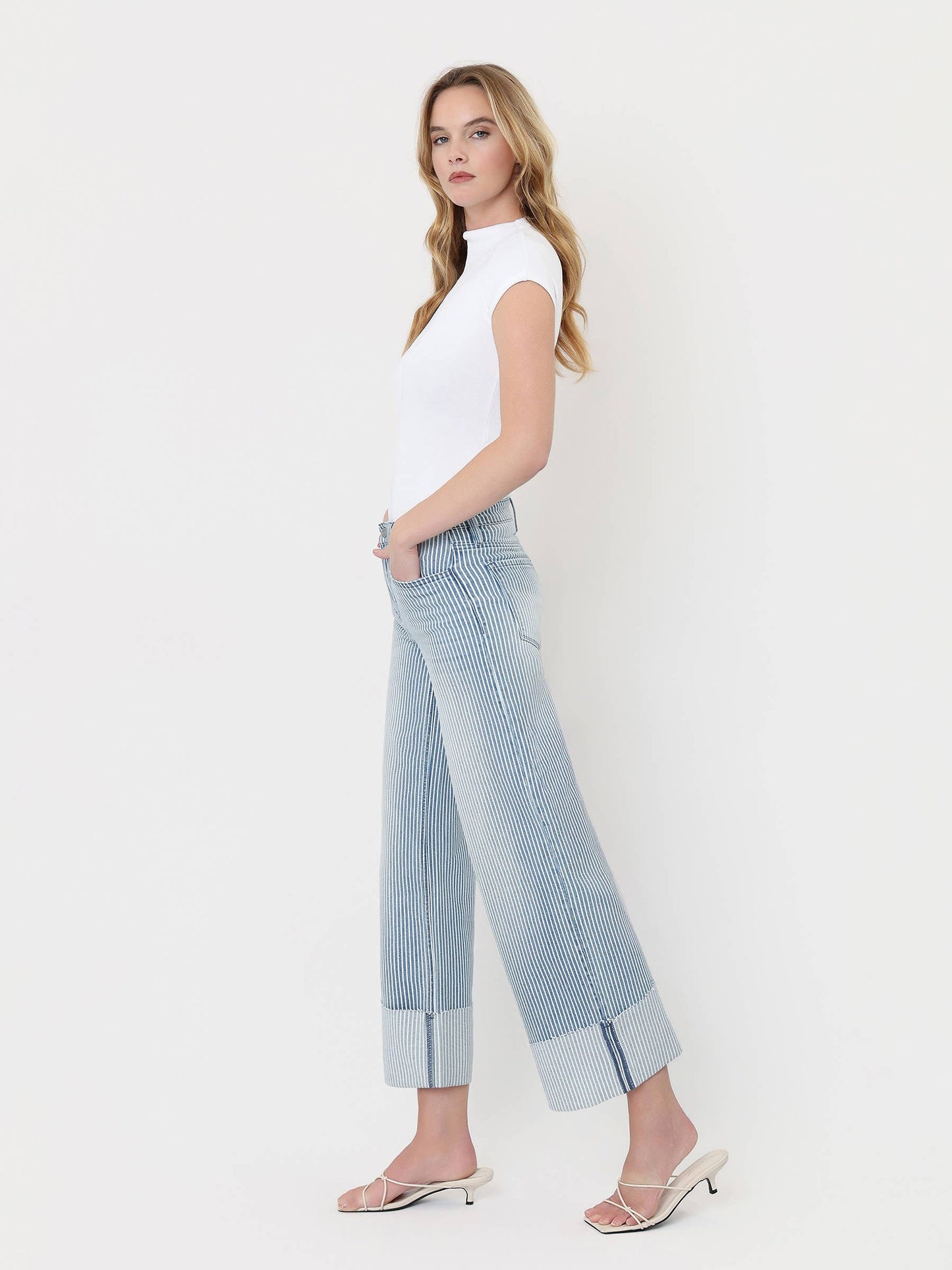 VERVET HIGH RISE CUFFED STRIPED CROP WIDE JEANS