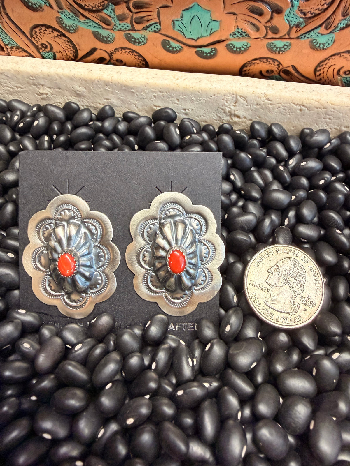 Conch with Red Coral Stud Earrings
