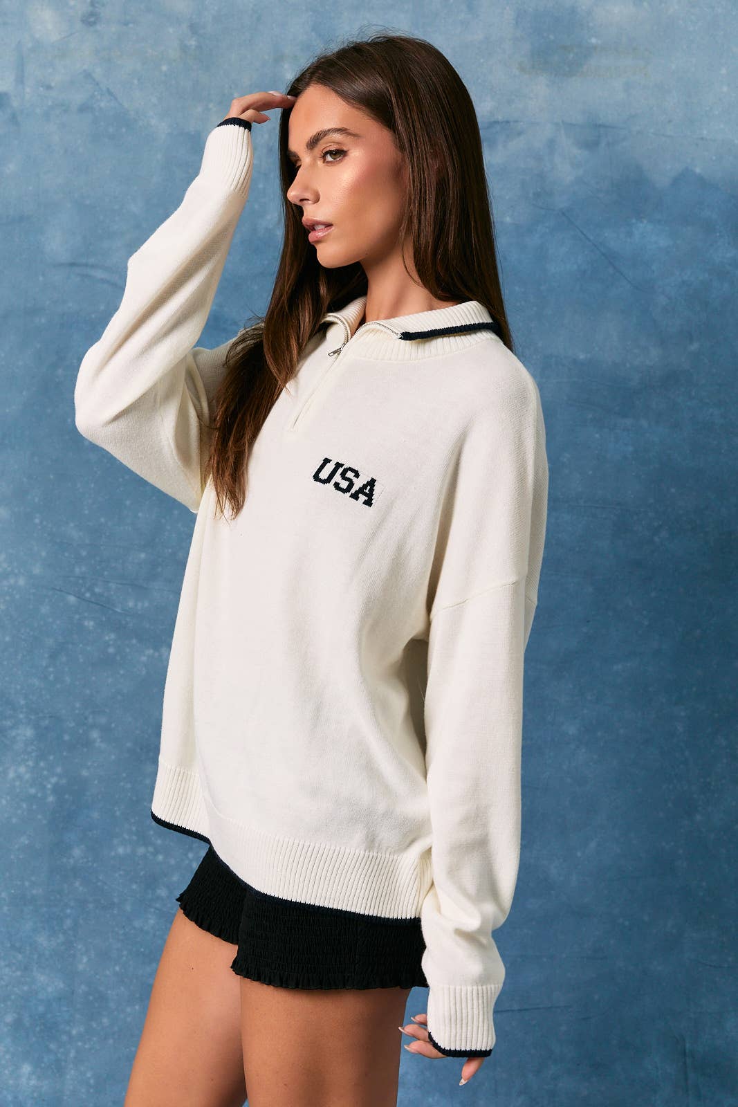 LONG SLEEVE COLLARED "USA" FLAG HALF ZIP SWEATER
