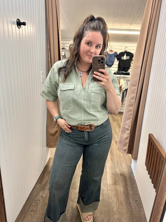 Sage Green Short Sleeve Denim Shirt