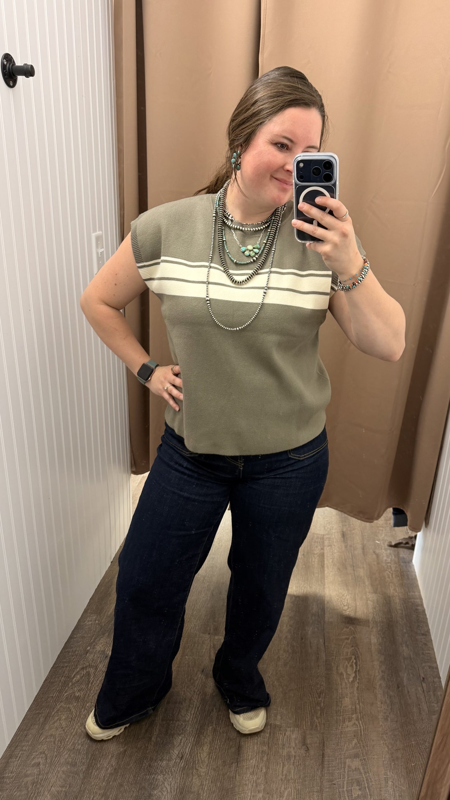 SLEEVELESS ROUND NECK STRIPED SWEATER TOP