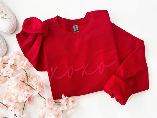 Womens Valentines Day Embossed XOXO Crewneck