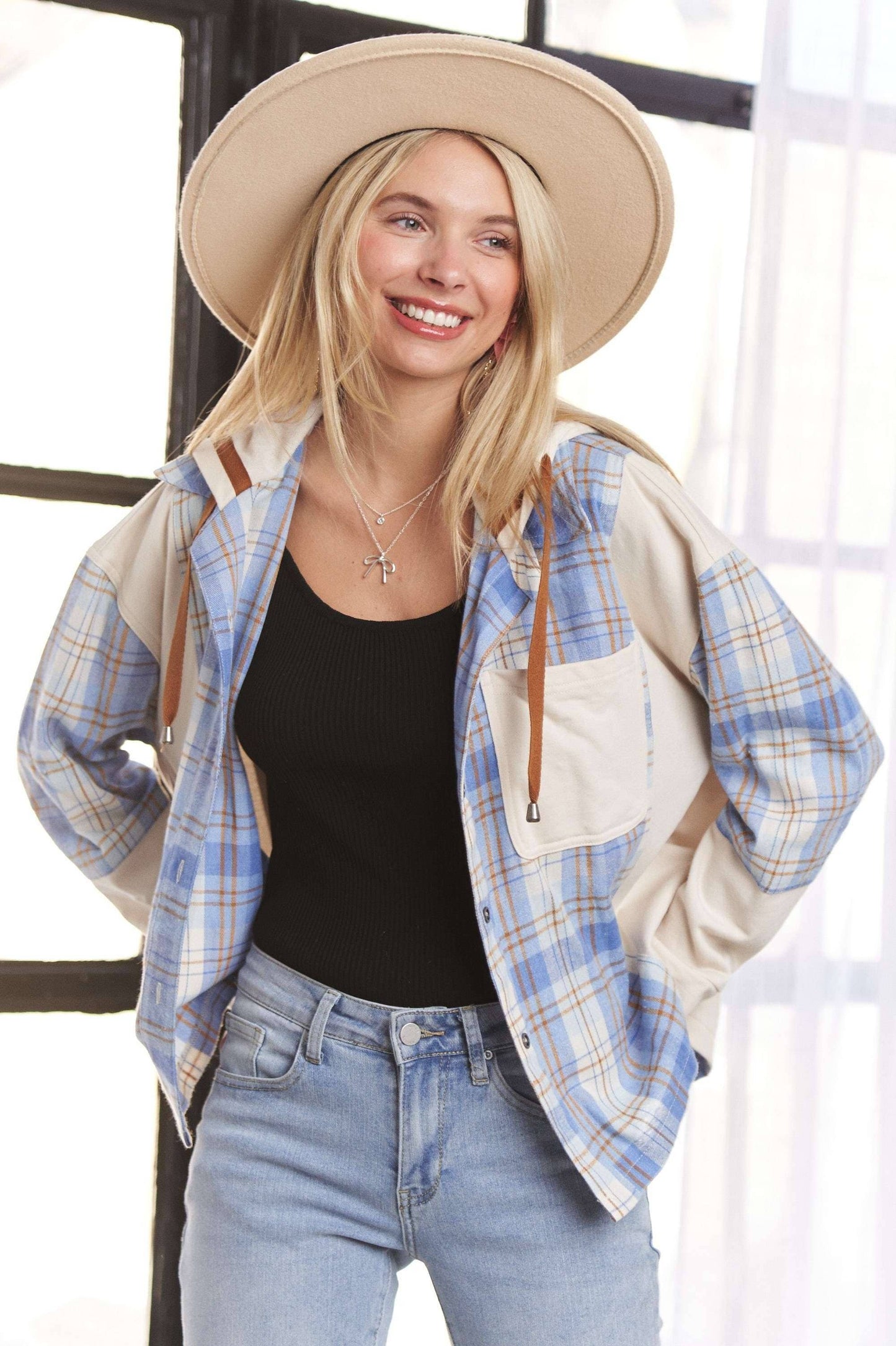 BUTTON DOWN PLAID HOODIE SHACKET (Two Colors)