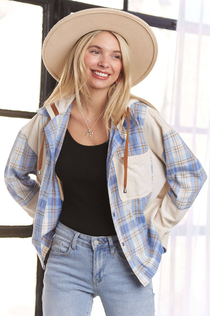 BUTTON DOWN PLAID HOODIE SHACKET (Two Colors)