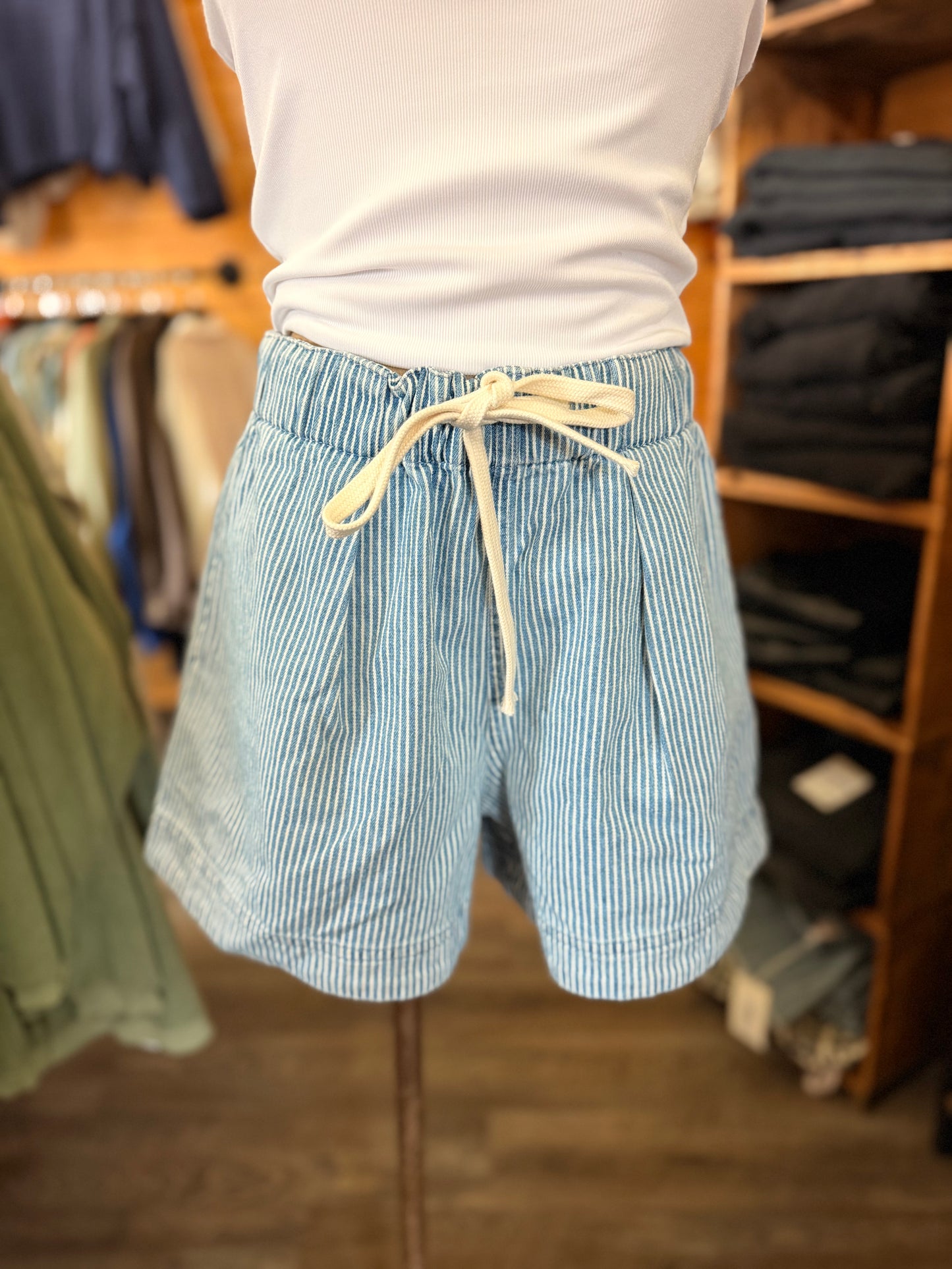 Drawstring Striped Denim Shorts