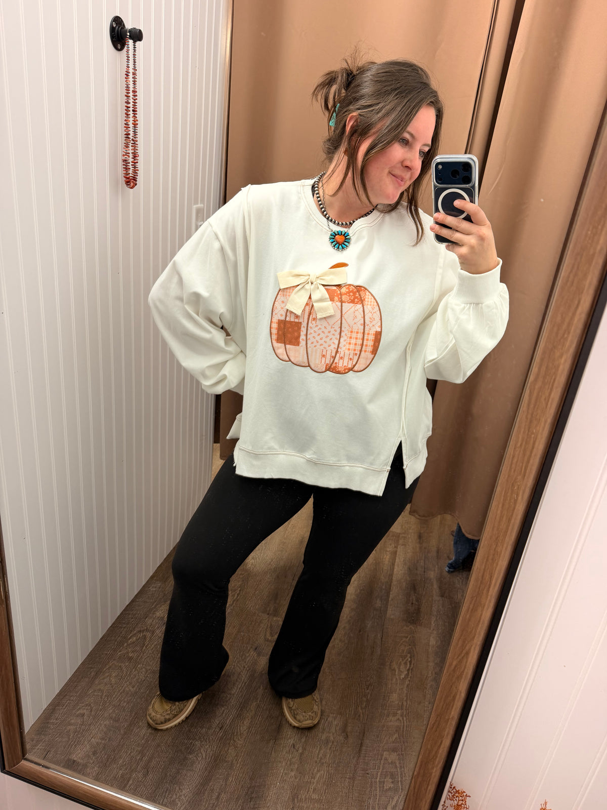 Patchwork Pumpkin Bow Graphic Sweatshirt
